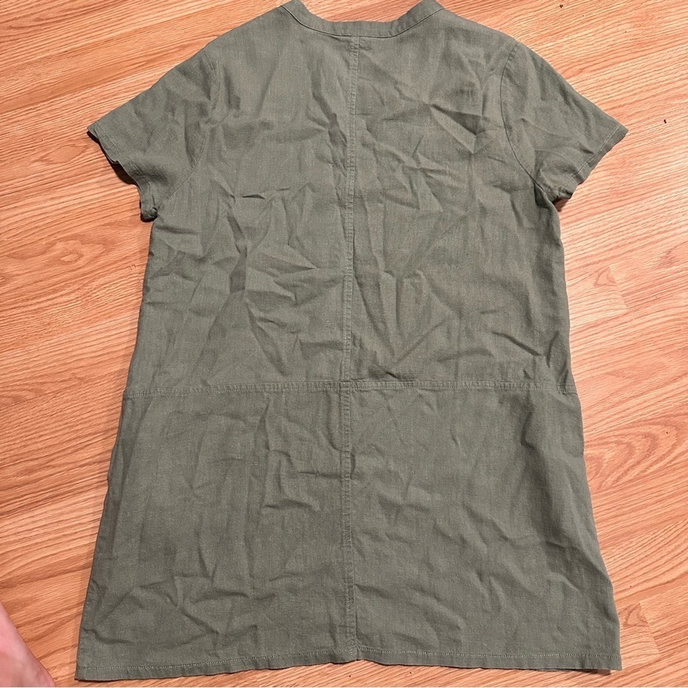 Green cotton linen blend medium short sleeve pockets tunic mini shift dress - Picture 7 of 7